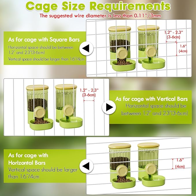 Hanging Small Pet Feeder and Water Dispenser, 1L Auto Cat Food Bowl and 0.8L Water Bottle Dispenser, Auto Gravity Pet Feeder and Waterer Set for Puppy, Kitten, Rabbit and Small Pets (Green)