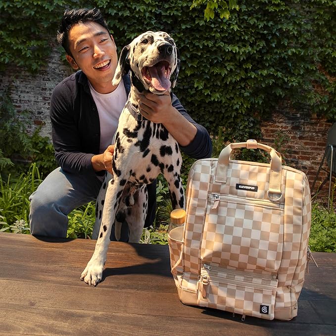 Porter 2-in-1 Dog Gear Backpack – Premium Dog Travel Bag with 10 Pockets, Zip-Off Treat Pouch, Leash Clip, Waterproof Pockets & Water Bottle Holder – Weekend, Hiking, Camping, Checkerboard