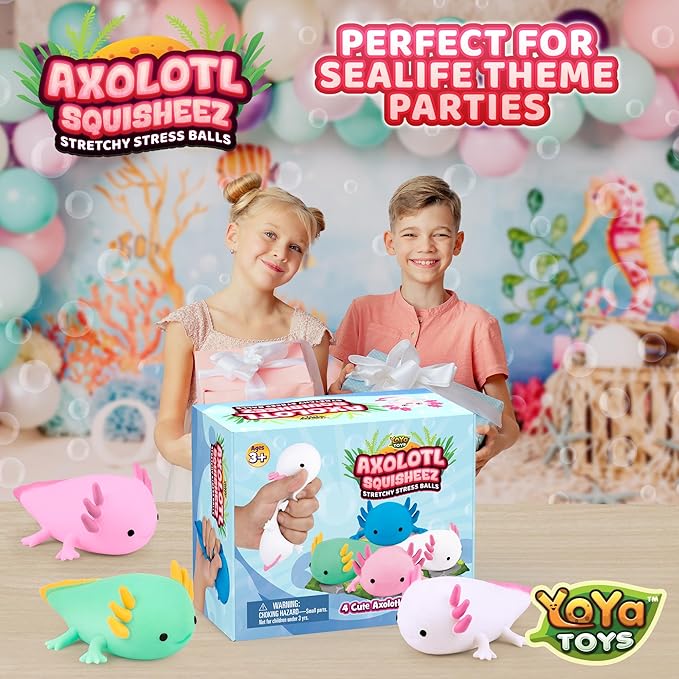 YoYa Toys Squisheez Axolotl 4Pack - Mini Squishy Animal Toys for Stress Relief - Fun and Cute Toys for Kids and Adults - Kawaii Squishies in Pink, White, Green, and Blue