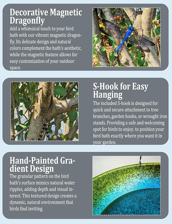 Hanging Bird Bath for Outside Metal Hanging Bird Feeder Window Birds Feeder Hand-Painted Blue and Green Gradient 11 in for Birds to Seed Bathe and Drink for Back Yard, Deck,Patio Garden Decoration