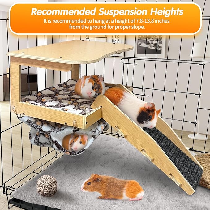 Guinea Pig Hideout,Natural Wood Removable Guinea Pig Bed, Small Animal Habitat with Hanging Hammock/Staircase/Cushion, Suitable for Small Animals to Hide, Rest, Play