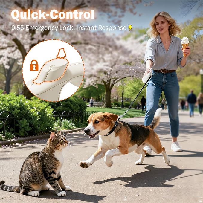 OUTRUN Retractable Dog Leash 16 FT Walking Leash up to 55 Lbs, Strong Nylon Tape No Tangle, Heavy Duty One-Handed Brake Lock Perfect for Small & Medium Sized Dogs and Pets (Starlight White)