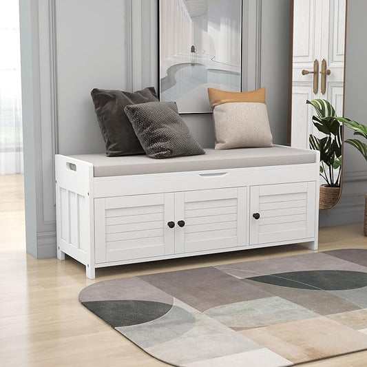 Storage Bench with 3 Shutter-Shaped Doors, Pine Wood Shoe Bench with Removable Cushion and Hidden Storage Space for Living Room, Entryway 43.5" L x 16" W x 18" H (White)