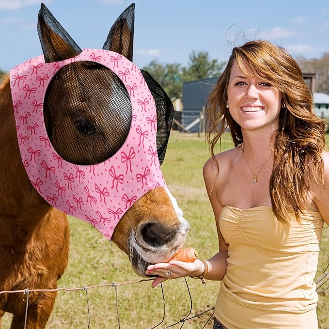Chunful 6 Pcs Horse Fly Masks with Ears Smooth and Comfortable Cashel Mesh Fly Mask Elasticity Breathability UV Protection Horse Face Covering for Riding Supplies(Pink Bow,Medium)