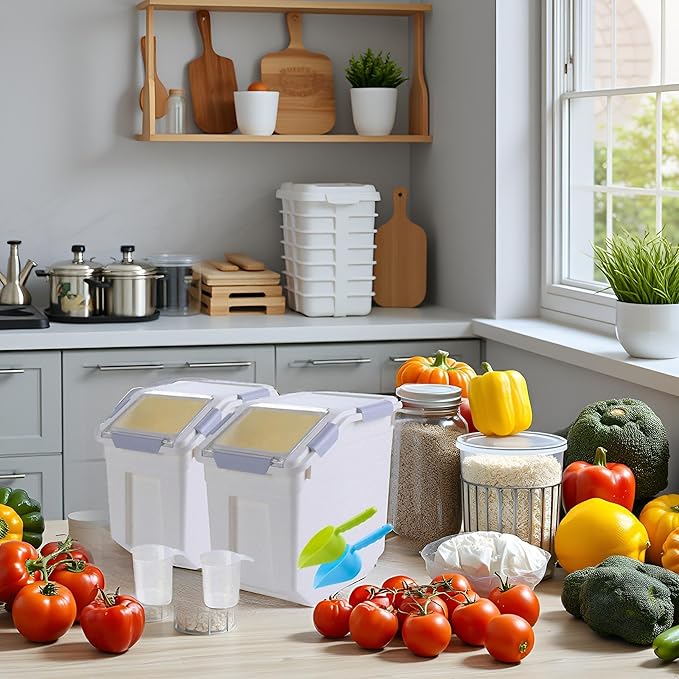 Saim Large Flour & Food Storage Container 25LB, Rice Dispenser & Dog Food Container with Lid, BPA Free Plastic for Rice, Flour, Dry Food Organization Cat Food Bin Bulk on wheels (Gray)