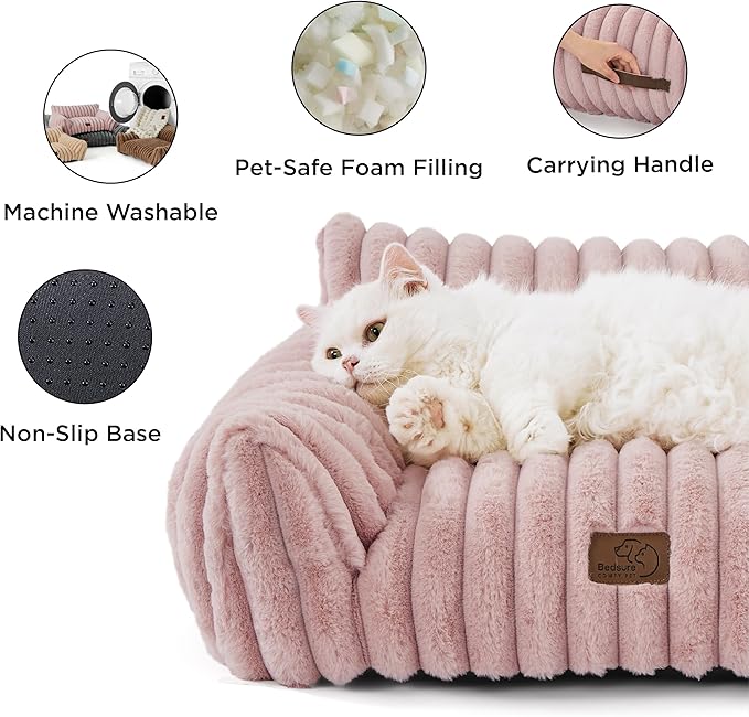 Bedsure Cute Cat Couch for Pets - Fluffy Cat Sofa with Premium Soft Corduroy Fleece, Fuzzy Pet Couch Bed with Removable Washable Cover, Supportive Chair for Indoor Cats, 24inch, Blush Pink