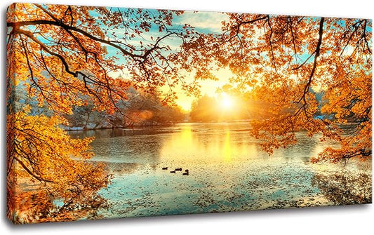 Yxbhhym-Landscape Tree Canvas Wall Art Fall Forest Sunset Wall Decor Poster Lake Water Pictures for bedroom wall decor Natural Scenery Paintings Artwork Modern Living Room Decor Home Office Decoration