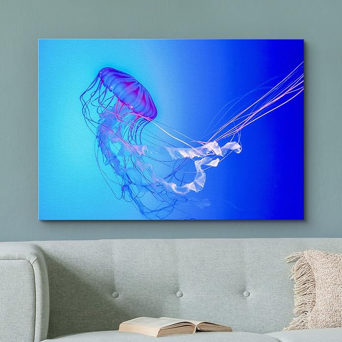 wall26 Canvas Print Wall Art Vibrant Neon Blue Pink Jellyfish Deep Sea Nature Animals Photography Realism Rustic Scenic Landscape Wilderness Earth Colorful for Living Room, Bedroom, Office - 12"x18"