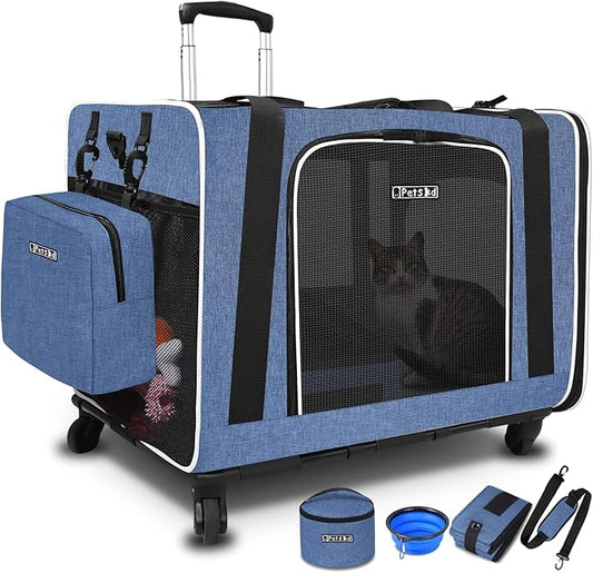 Petskd Extra Large Cat Carrier with Wheels and Litter Box 24"x17"x17" for Large Cat or 2 Small Cats, Collapsible Soft Sided Pet Carrier for Car Travel with Lockable Safety Zippers(Blue)