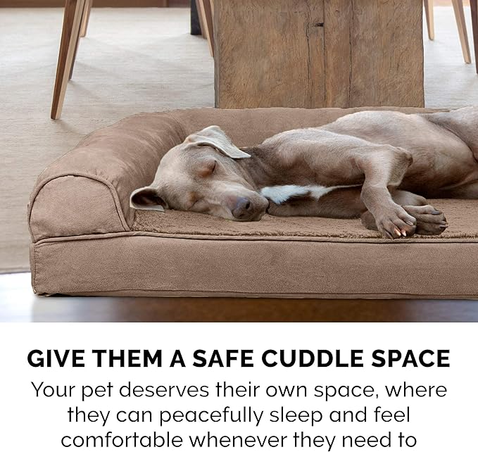 Furhaven Cooling Gel Dog Bed for Large Dogs w/ Removable Bolsters & Washable Cover, For Dogs Up to 95 lbs - Plush & Suede Sofa - Almondine, Jumbo/XL