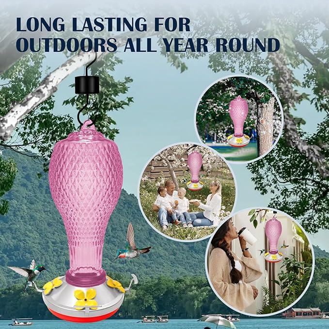 Hummingbird Feeder for Outdoors,17 OZ Glass Humming Bird Feeder for Garden,Backyard Decor,Four Flowers Feeding Ports,Leak Proof,Ant Moat Included,Humming Gifts for Women