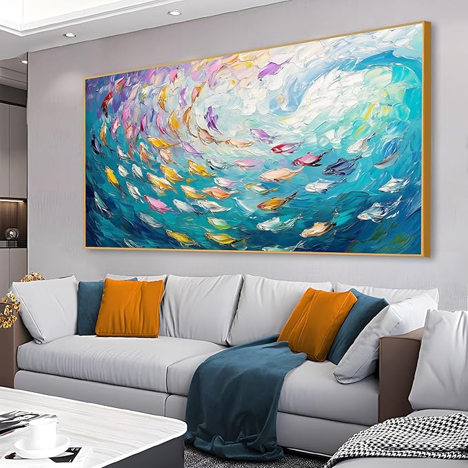 Fish Canvas Wall Art, Abstract School of Fish Canvas Wall Art, Ocean Picture Print, Sea Life Print Decor, Nautical Painting, Living Room, Bedroom, Bathroom Decor (Gold Framed, 23"x13" | 60x35cm)