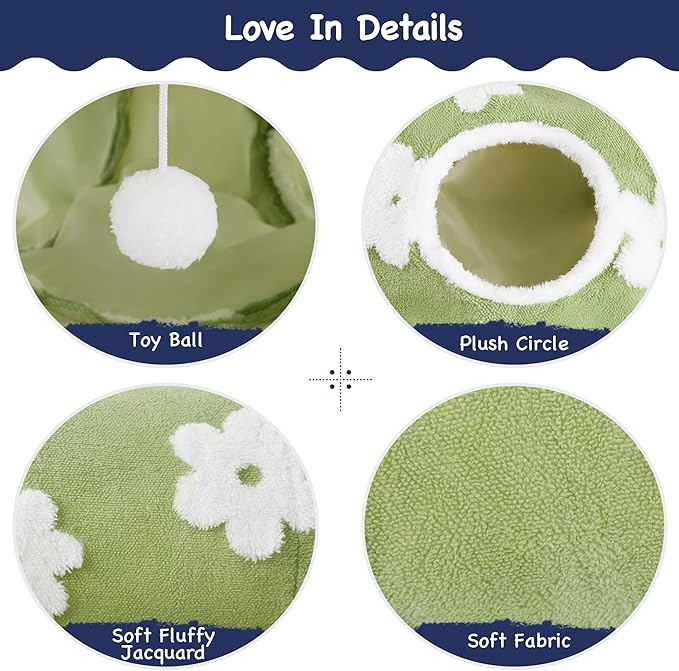 Tempcore Flannel Pet Cat Tunnel Tube Cat Toys 3 Way Collapsible, Cat Tunnels for Indoor Cats,Kitty Tunnel Bored Pet Toys Peek Hole Toy Ball Puppy, Kitty, Kitten, Rabbit Daisy Green
