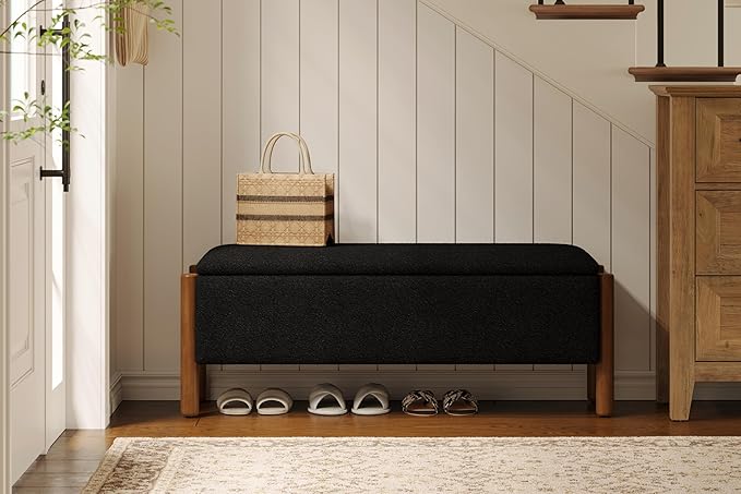 Modern Storage Benches with Walnut Wood Legs, 47'' Ottoman Bench with 20 Gallons Storage Space for Bedroom End of Bed, Fabric Upholstered Entryway Bench with Seating for Livingroom, Black