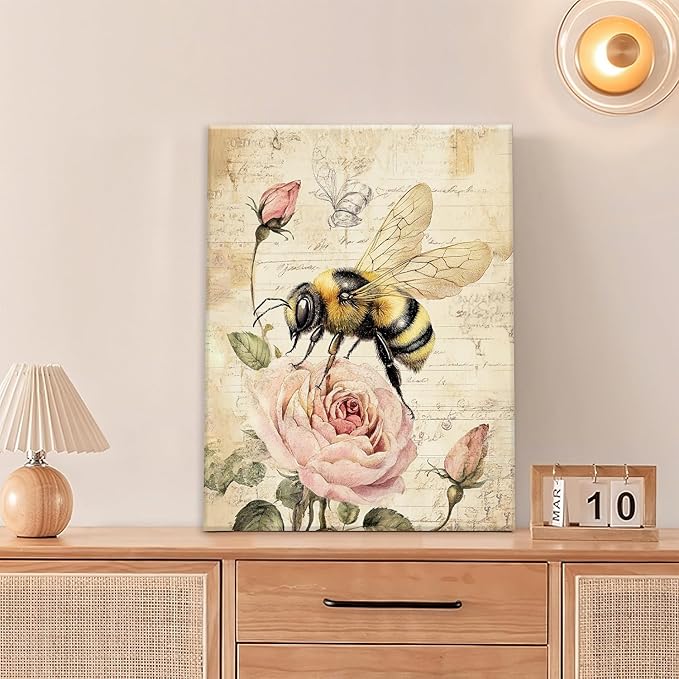 Rustic Bee Bathroom Pictures Wall Art, Vintage Floral Bathroom Wall Decor, Pink Rose Flower Framed Painting Canvas Artwork for Bedroom Living Room Decorations 20"L x 16"W