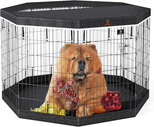 PJYuCien Dog Playpen, 8 Panels 42’’H Dog Pens Indoor with Bottom Pad and Top Cover, Metal Foldable Pet Puppy Exercise Fence Crate Kennel, Better for Medium and Big Animals,Black