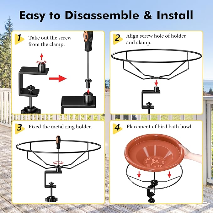 iBorn Bird Bath,Deck Mounted Bird Baths 12inch,Birdbath for Outside with Clamp 3.2inch,BPA-Free Bowl,Chew-Proof,Fully Detachable Design,Easy Clean & Refill,Terracotta,1 Pack(Not Include Fountain)