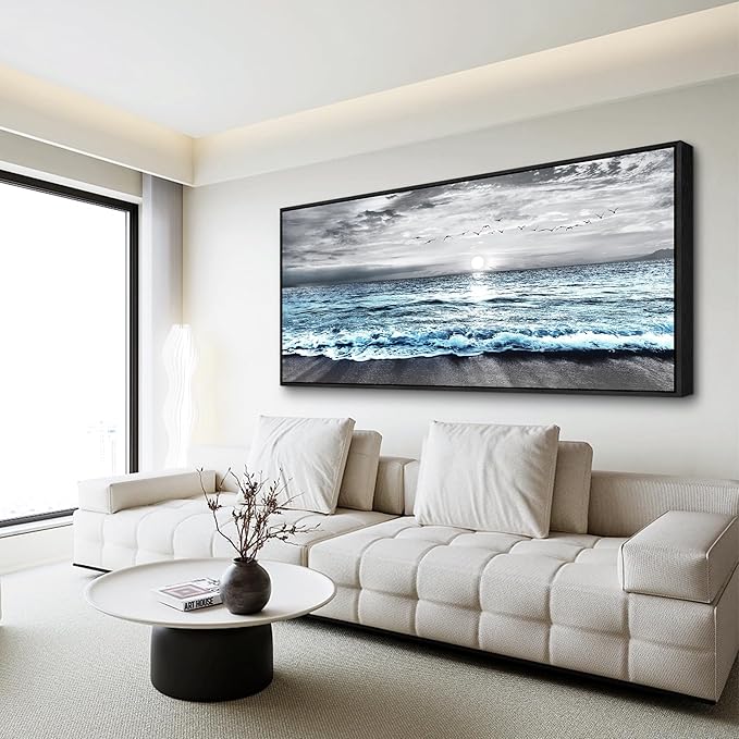 Wapluam Large Wall Art For Living Room Wall Decor For Bedroom Office Wall Decorations Black And White Wall Painting Blue Sea Wave Pictures Artwork For Modern Black Framed Beach Canvas Prints Poster