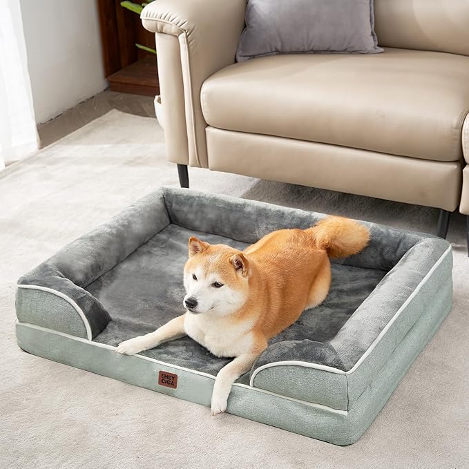 EHEYCIGA Orthopedic Dog Beds for Large Dogs, Waterproof Memory Foam Large Pet Bed with Sides, Non-Slip Bottom and Egg-Crate Foam Dog Couch Bed with Washable Removable Cover, Greyish Green