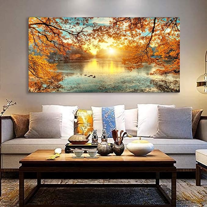 Yxbhhym-Landscape Tree Canvas Wall Art Fall Forest Sunset Wall Decor Poster Lake Water Pictures for bedroom wall decor Natural Scenery Paintings Artwork Large Living Room Decor Home Office Decoration