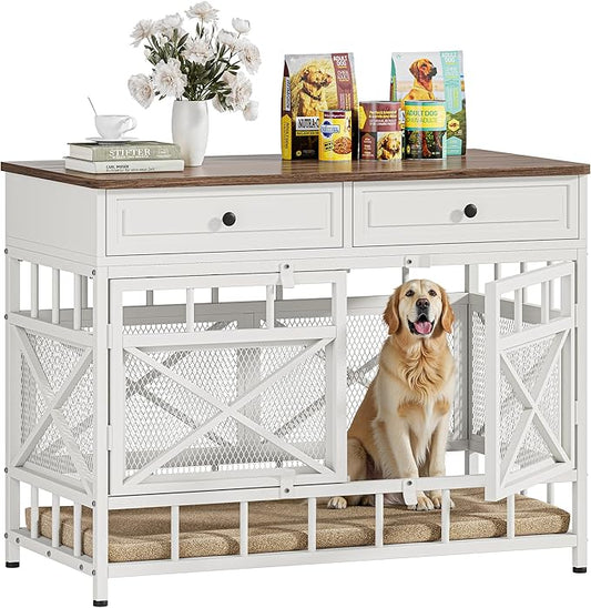IRONCK 44 inch Large Dog Crate Furniture, Wooden Dog Kennel with Storage Drawers for Medium/Large Dogs, Decorative Dogs Kennel Indoor, White and Walnut