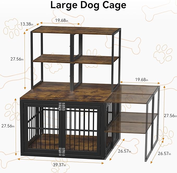 Dociote Heavy Duty Dog Crate Furniture with Storage Shelves,Large Dog Kennel Indoor End Table 39 Inch,Brown