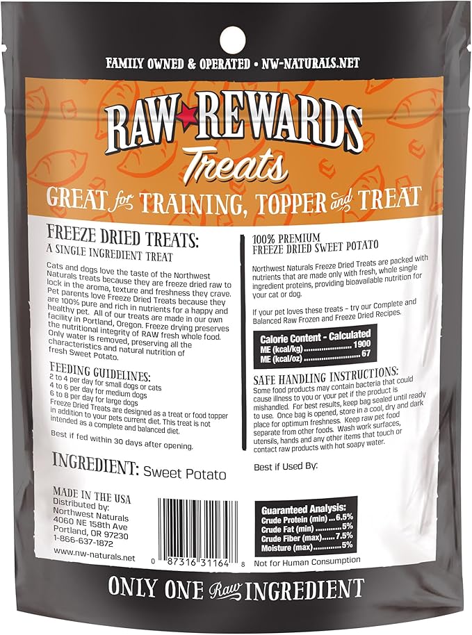 Northwest Naturals Raw Rewards Freeze-Dried Sweet Potato Treats for Dogs and Cats - Bite-Sized Pieces - Healthy, 1 Ingredient, Human Grade Ingredients, All Natural, Proudly Made in USA, 2 Oz