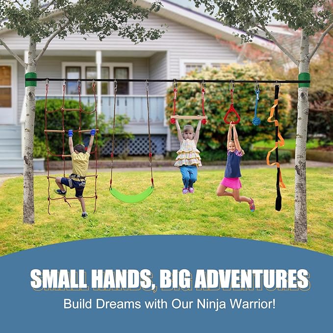 Slsy 60FT Ninja Warrior Obstacle Course (13 Obstacles), Ninja Slackline Kit for Kids, Durable Playset Equipment with 13 Most Complete Set-Monkey Bar,Swing, Balance Belt, Climbing Ladder & Net