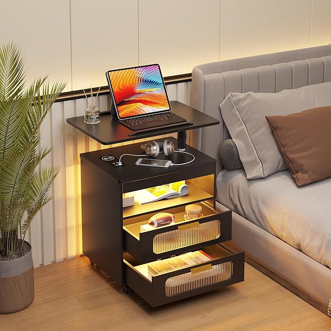 HNEBC Nightstand with Wireless Charging Station, LED Nightstand Has Adjustable Rotary Workstation,Smart Night Stand with 2 Drawers,Modern Bedside Table for Bedroom, Sensor Light/Wheel (Black)