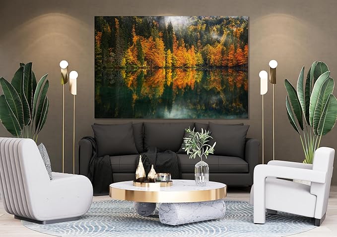 Nature Wall Art Prints - Ocean Forest Mountain Lake Canvas Landscapes - Small to Extra Large Living Room Bedroom Kitchen Bathroom Décor (Autumn by the Lake, 35L" x 53W")