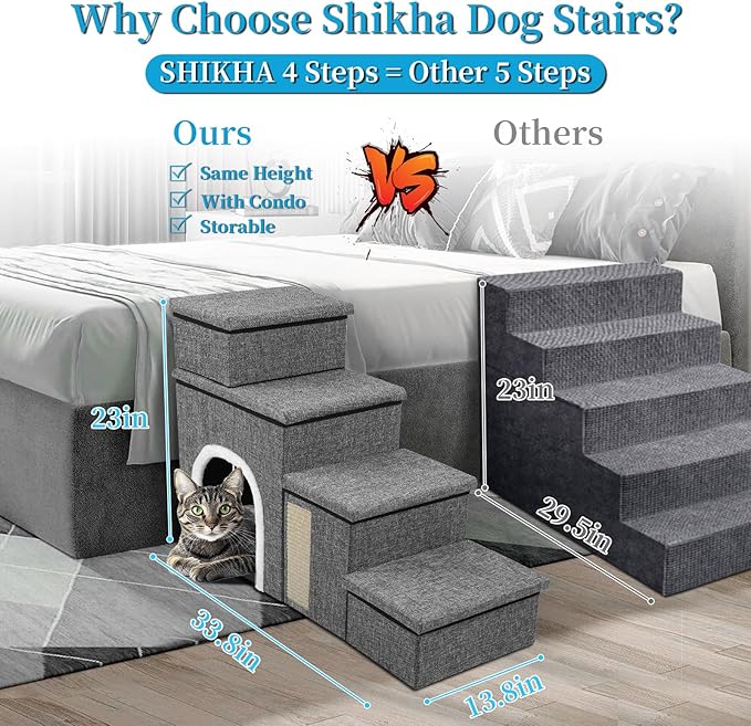Dog Stairs for Bed and Couch 23โH, Foldable Dog Stairs for Small Older Dogs, 4 in 1 Adjustable Pet Cat Steps Ramps with Storage, Condo, Cat Scratcher, Hold Up to 180LBS, 4 Steps