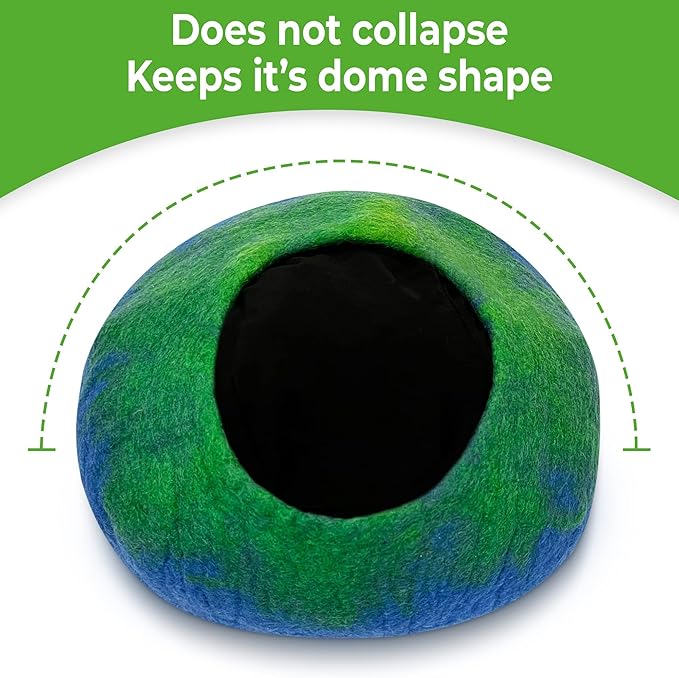 Woolygon Premium Felt Cat Cave Bed โ Wool Kitty Beds Handcrafted Kitten Caves Bed for Indoor Cats - Made from 100% Eco-Friendly Merino Wool, Foldable Cat Hidewawy Covered Cat Houses (Emerald Indigo)