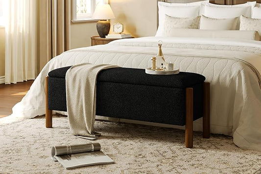 Modern Storage Benches with Walnut Wood Legs, 47'' Ottoman Bench with 20 Gallons Storage Space for Bedroom End of Bed, Fabric Upholstered Entryway Bench with Seating for Livingroom, Black