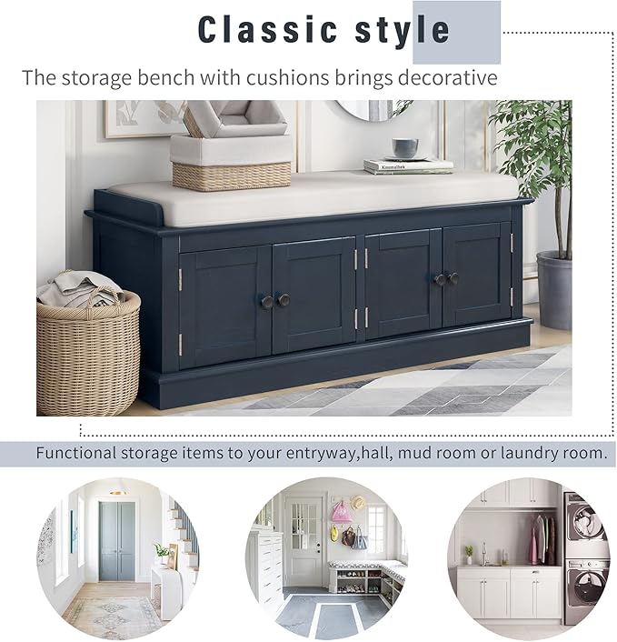 Storage Bench with 4 Doors and Adjustable Shelves, Shoe Bench with Removable Cushion for Living Room, Entryway 42.7" L x 16" W x 17.4" H (Antique Navy)
