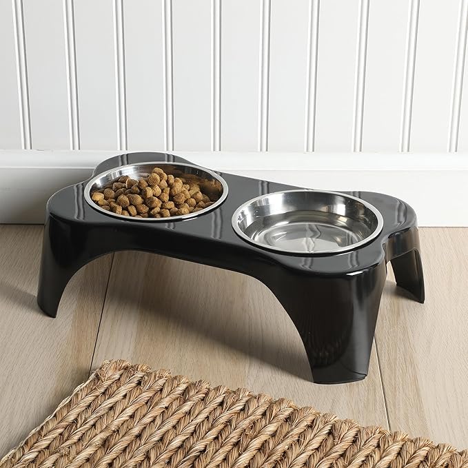 Gibson Home Bow Wow Meow 3-Piece Elevated Dog Bowl Set – Bone-Shaped Raised Feeder with 2 Stainless Steel Bowls for Medium to Large Dogs, Non-Slip, Easy to Clean, Black