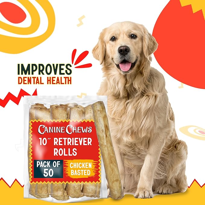 Canine Chews 10" Chicken Basted Dog Rawhide Retriever Rolls (50 Pack) - Natural Beef Dog Rawhide Chews - Healthy Dental Chews