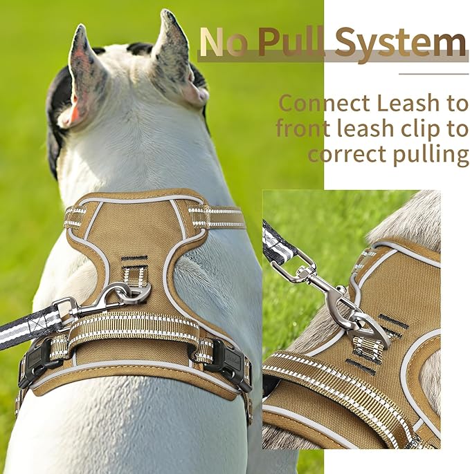 HEELE Dog Harness, Dog Harness for Small Medium Large Dogs No Pull Adjustable Padded Reflective Harness with Handle for Walking Training, Brown, L