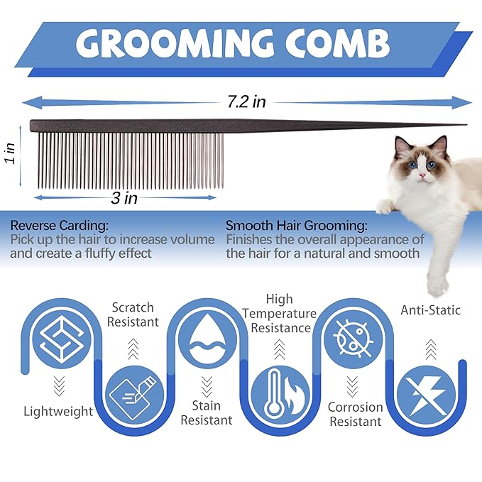 Grooming Pet Comb Rat Tail Dematting Cat and Dog Comb,Rounded Ends Design for Safe Tangle Removal, Hairstyling, Massage,Loose Hair Removal,Prevent Irritation,Fluffing Paws,Face,Tail,Remove Tear Stain