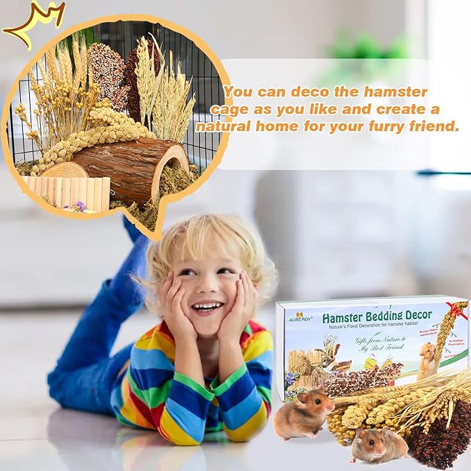 Natural Hamster Bedding, Hamster Herbs Flowers for Hamster Cage Enclosure Habitat Decor Hamster Sprays for Dwarf Syrian Guinea Hamsters Gerbil Degus or Other Small Animals(Grain Version)