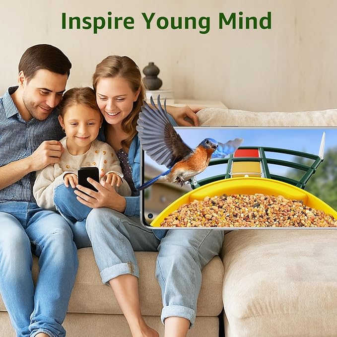 PeckCamĀ® Smart Bird Feeder with Camera 2K HD Auto Detect & Notify, AI Identify 10000+ Birds Camera with Solar Panel 5 Perch Attachments Wireless Outdoor Birdwatching Gift for Birds Lover, Yellow