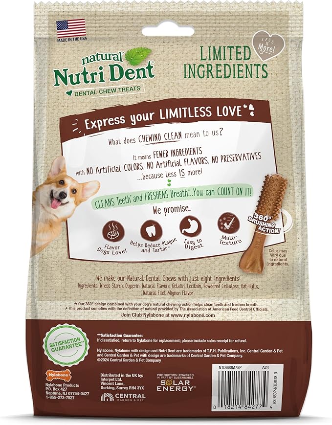 Nylabone Nutri Dent Dog Dental Treats - Natural Dog Teeth Cleaning & Breath Freshener - Dental Treats for Dogs - Filet Mignon Flavor, Mini (78 Count)