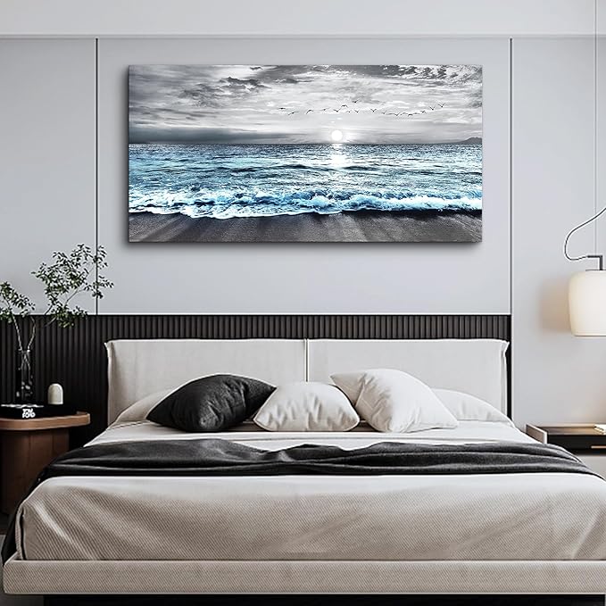Lapremoly Black And White Beach Wall Painting Canvas Wall Art For Living Room Large Wall Decor For Bedroom Office Wall Decorations Blue Ocean Sea Wave landscape Pictures Artwork Posters Home Decor