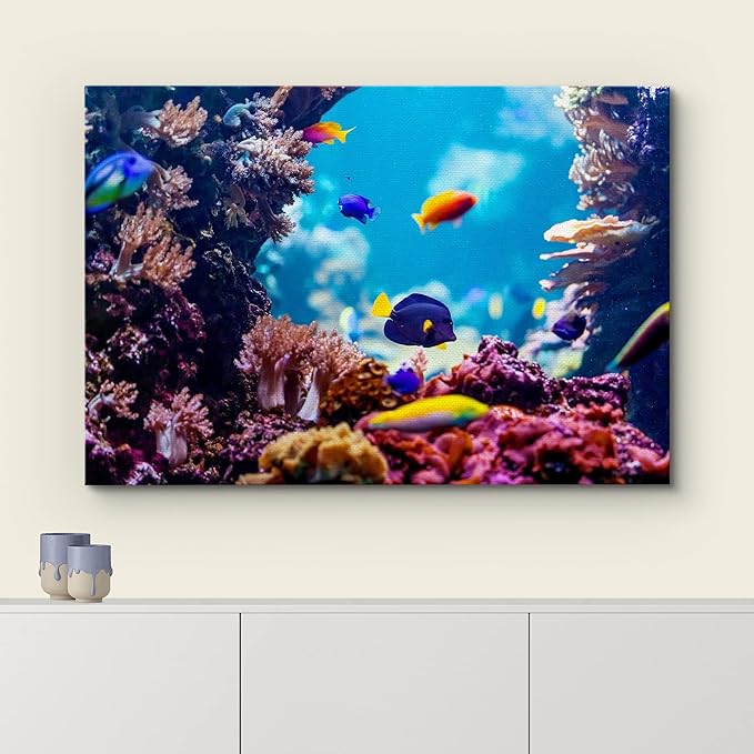 wall26 Canvas Print Wall Art Vibrant Blue Pink Coral Reef Blue Hippo Tang Nature Animals Photography Realism Rustic Scenic Landscape Wilderness Colorful for Living Room, Bedroom, Office - 16"x24"