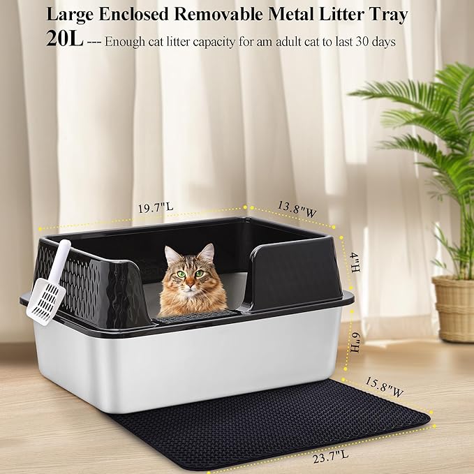 Vealind Stainless Steel Cat Litter Box High Sided Metal Cats Litter Pan Tray Enclosed with Scoop Mats Non-Sticky Anti-Leakage Easy Cleaning Kitty Litter Boxes