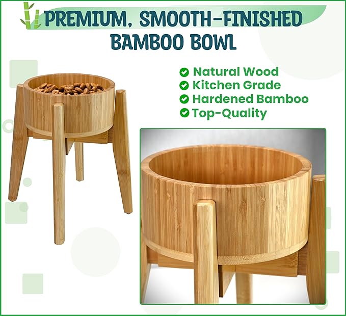 Dog Bowls Elevated, 12-inch High, 5-Cup Cap - Set of Bamboo Holder, Stainless Inner Dish and Stand - Ideal for Medium to Large Breeds - All-Detachable Parts