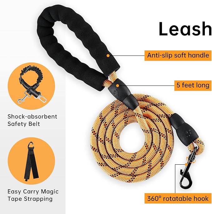 IVY&LANE No Pull Dog Harness for Large Dogs, Dog Vest Harness with Leash, Safety Belt and Storage Strap, Fully Adjustable Harness, 360° Reflective Strip, Soft Handle (Orange, L)