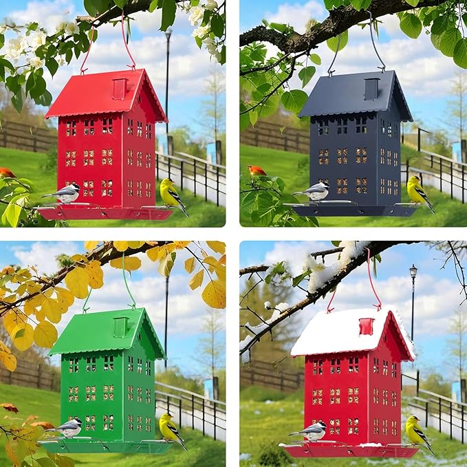 Veehoo Bird House Feeder for Outdoors Hanging, Metal Wild Finch Feeders for Outside, Outdoor Cardinal Birdfeeder Decorative Unique for Mixed Seed, Dark Blue