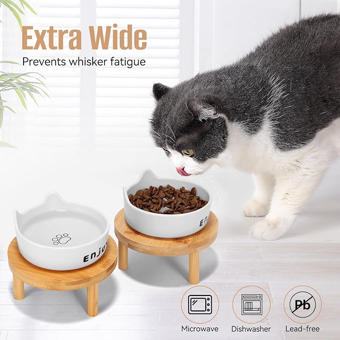 3PCS Elevated Cat Bowls,Wide Raised Ceramic Pet Dishes with Bamboo Stand, Whisker Friendly Pet Water or Food Plates Feeding Station for Indoor Small Dogs, Kitten (White(2PCS))