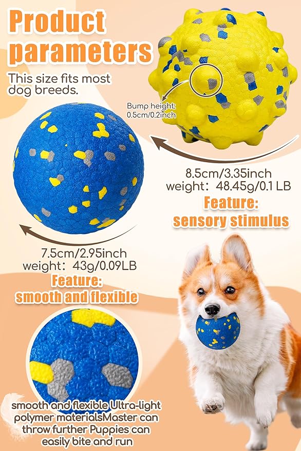 Dog Tennis Balls for Aggressive Chewers, Indestructible Durable Bouncy Interactive Toy for Dogs Fetch Game Lightweight Floating Outdoor Training(2 Yellow Point+ 2 Blue Circle Large)