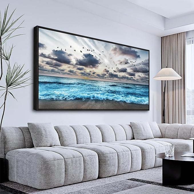 Wapluam Black Framed Canvas Wall Art For Living Room Large Wall Decoration For Bedroom Office Wall Decor Black And White Wall Painting Blue Sea Wave Pictures Artwork Modern Hotel Room Home Wall Art
